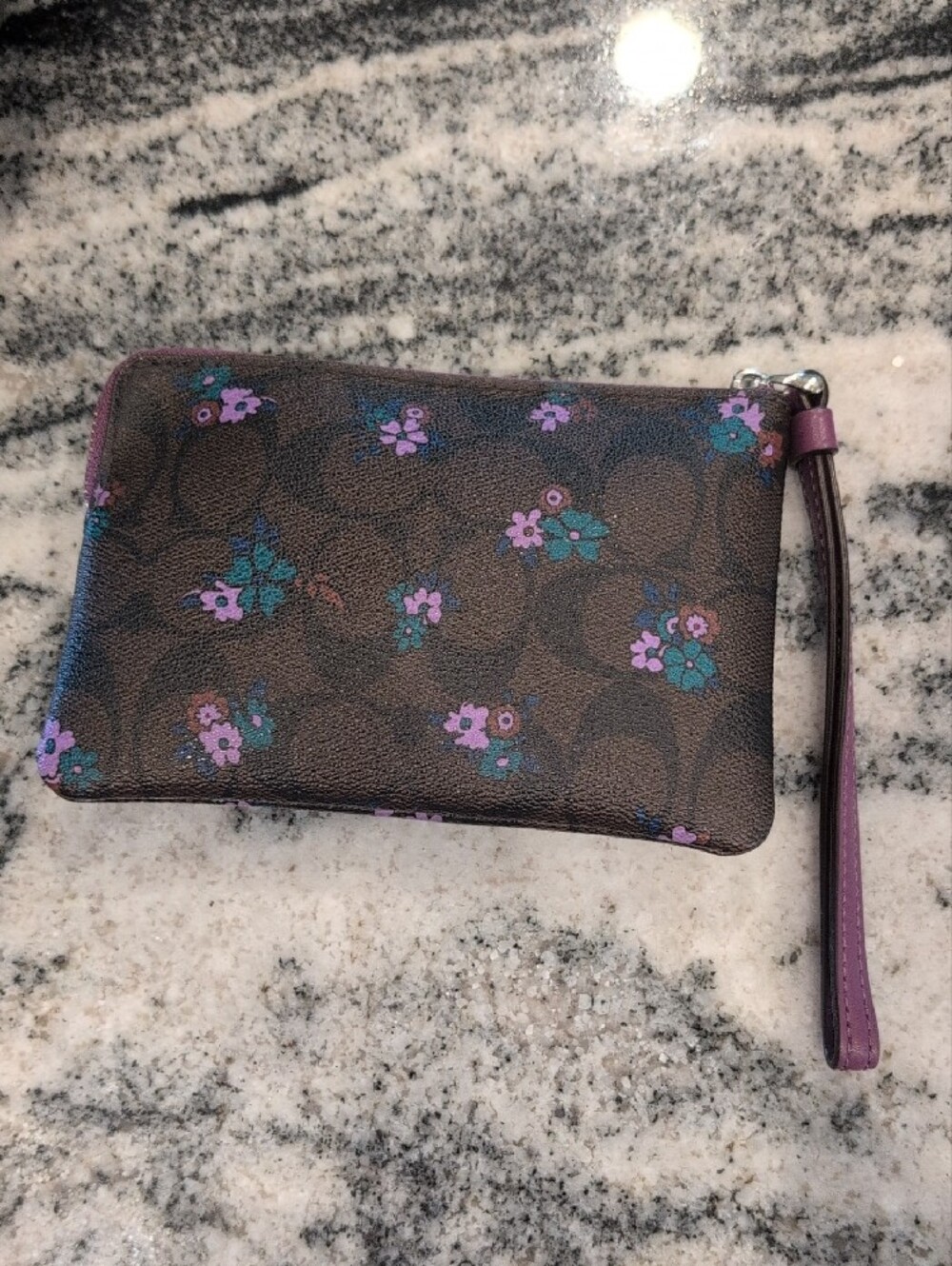 COACH Brown Signature Floral Zip Wristlet with Plum Trim - Picture 3 of 7